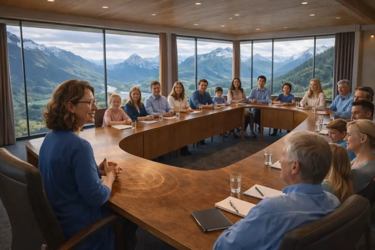 Gruppe am Tisch mit Blick auf den Thunersee